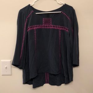 BCBGMAXAZRIA Navy Blouse with Embroidered Detail